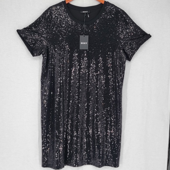 Dkny Dresses & Skirts - DKNY Womens Black Sequin Short Sleeve Crew Neck Shift Mini Dress XL NEW